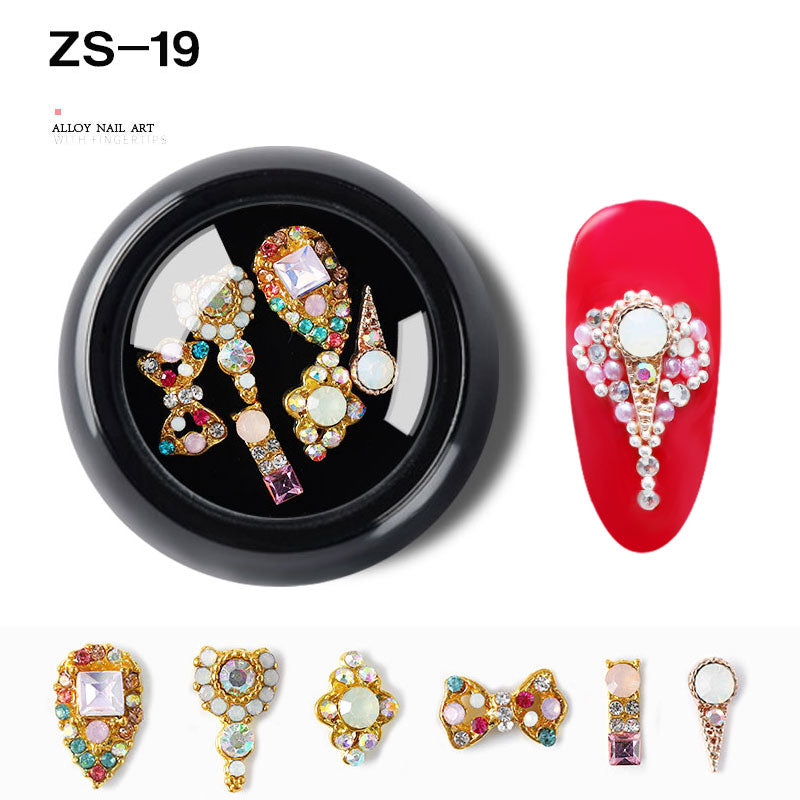 NZJ063 6 PCS Mixed Alloy Nail Art Decorations 3D Rhinestones Retro Flatback Shiny Diamonds Crystals Opal Beads Set