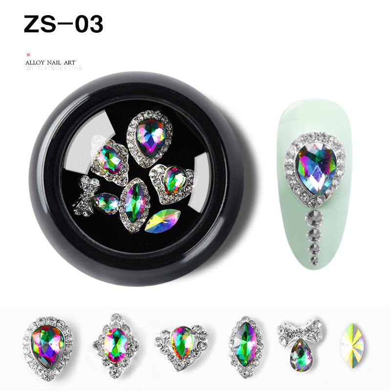 NZJ063 6 PCS Mixed Alloy Nail Art Decorations 3D Rhinestones Retro Flatback Shiny Diamonds Crystals Opal Beads Set