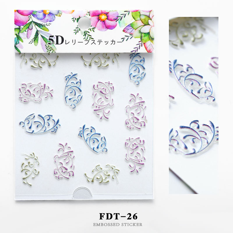 NS5D013 ForLife 5D Embossed Colorful White Flower Nail Sticker Summer Style Manicure Decals Decorations