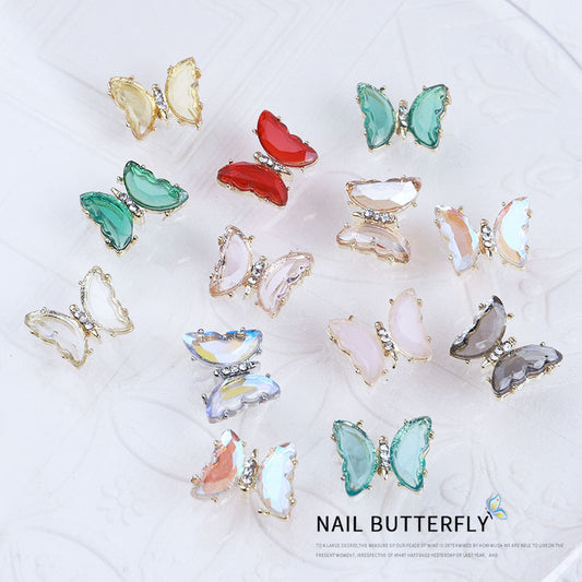 NDE053 2021 summer new style clear and translucent aurora glowing alloy frame butterfly 3d crystal butterfly DIY nail jewelry
