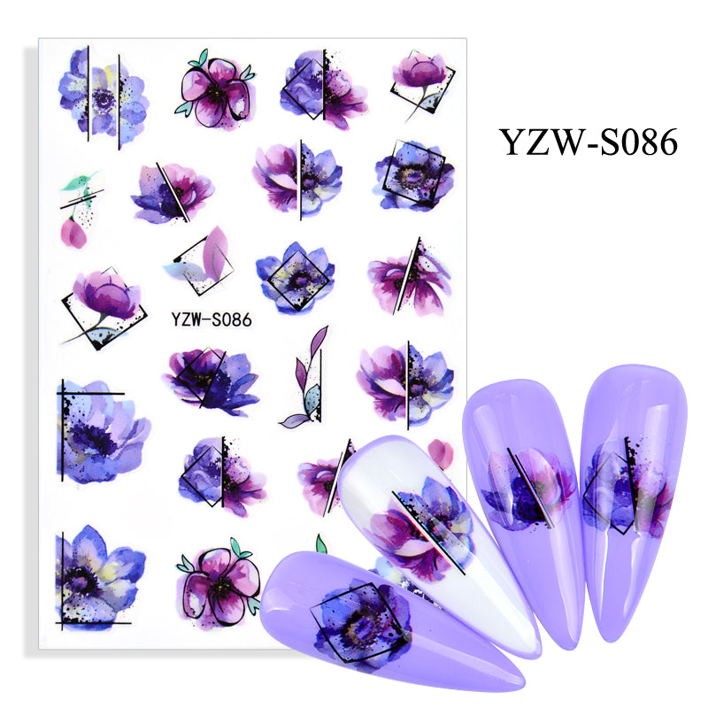 NS5D008   Black Lines Flower Leaves Water Decals Stickers Plant simple line nail stickers