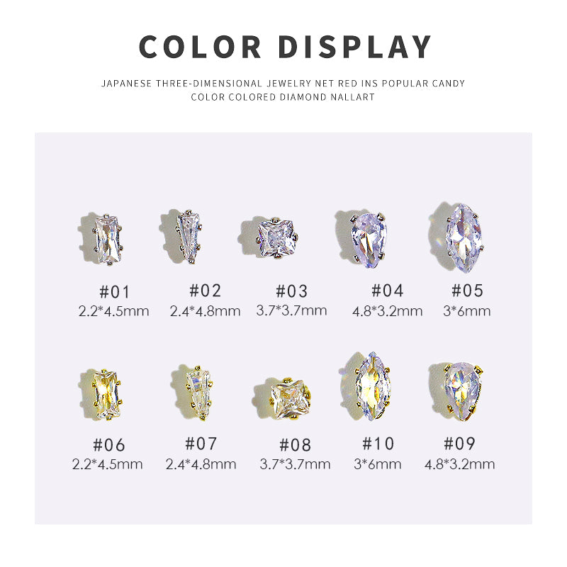 NZJ028 10pcs/box Mini Zircon Claw Nail diamond Art Decoration Gold Silver Gem Nail Jewelry Horse Eyes Water Drop Shaped Deisgn Charms