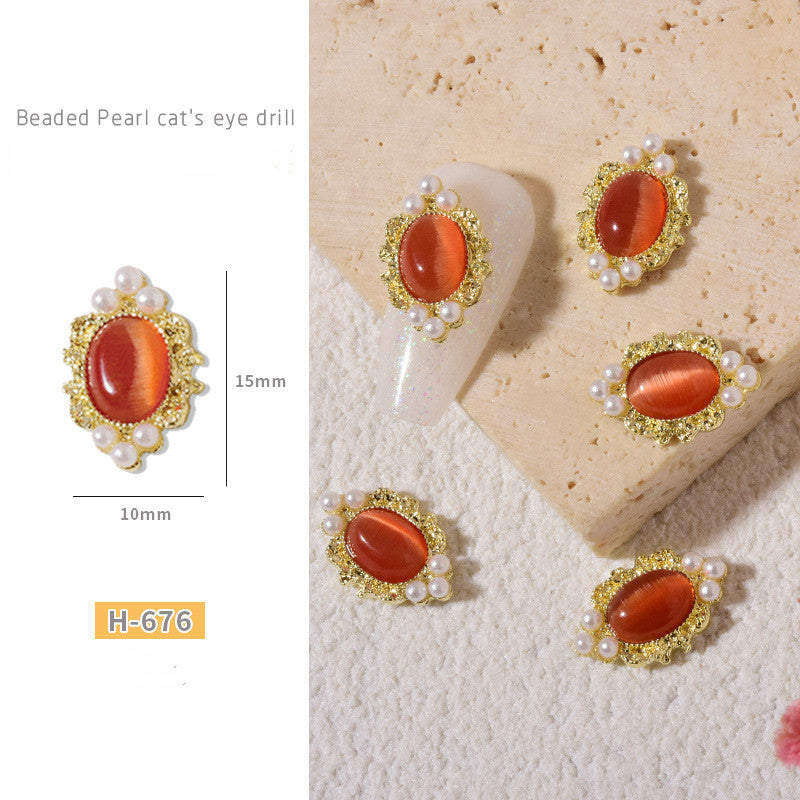 NZJ046 1pcs Cat Eyes Retro Alloy Nail Art Jewelry with Pearls 3D Opal Cat Eye Nail Stones Holographic DIY UV Gel Manicure Decorations