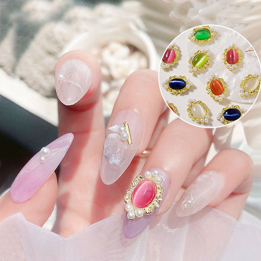 NZJ046  1pcs Cat Eyes Retro Alloy Nail Art Jewelry with Pearls 3D Opal Cat Eye Nail Stones Holographic DIY UV Gel Manicure Decorations