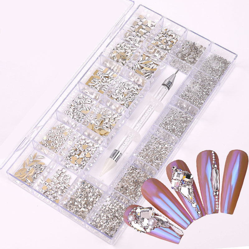 NRB015 Crystal White Nail Art Mix Shape Fancy Shaped In Box Flat Bottom Glass nail rhinestone art decoration white rhinestones