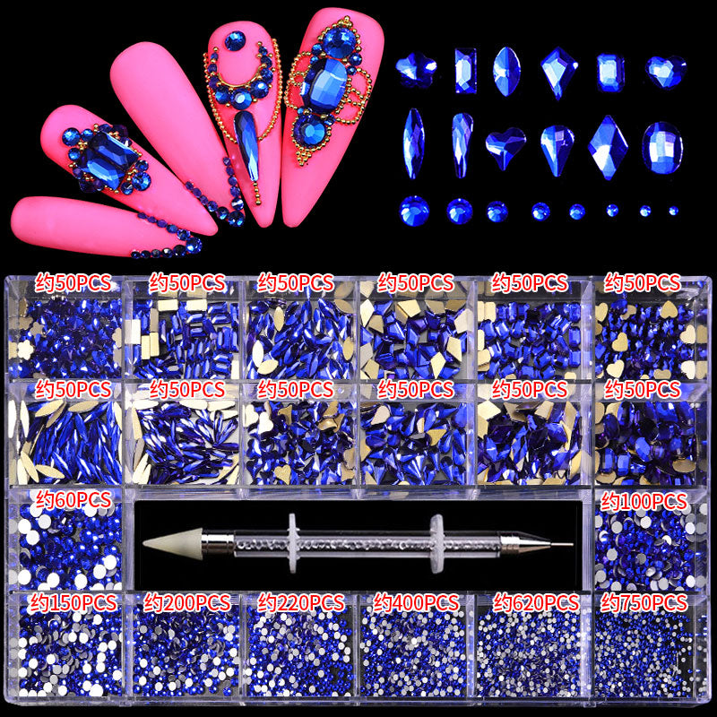 NRB002 Sapphire blue Nail Art Mix Shape Fancy Shaped In Box Flat Bottom Glass nail rhinestone art decoration rhinestones