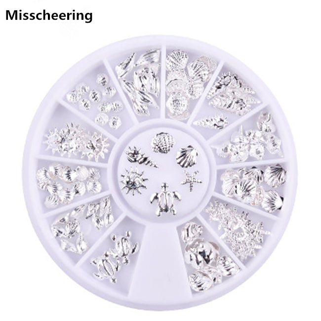NAW010 Metal Rivet Ocean Series Silver Starfish Shell 3d Metal Hollow Nail Art Stud Decoration Manicure Nail Wheel