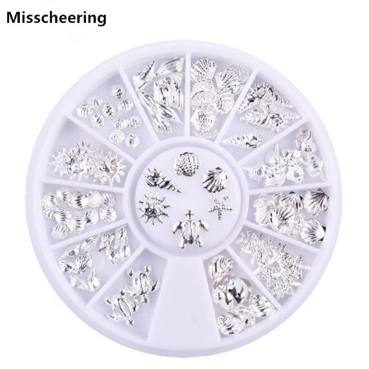 NAW010  Metal Rivet Ocean Series Silver Starfish Shell 3d Metal Hollow Nail Art Stud Decoration Manicure Nail Wheel