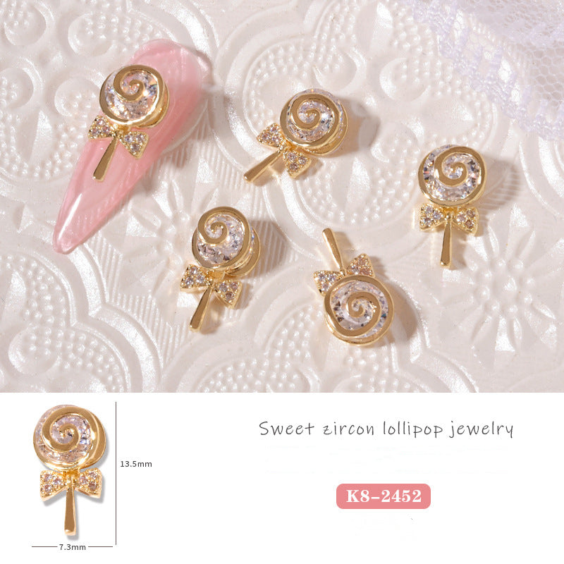NZJ055 New nail art lollipop zircon jewelry metal gold and silver jewelry luxury nail diamond accessories