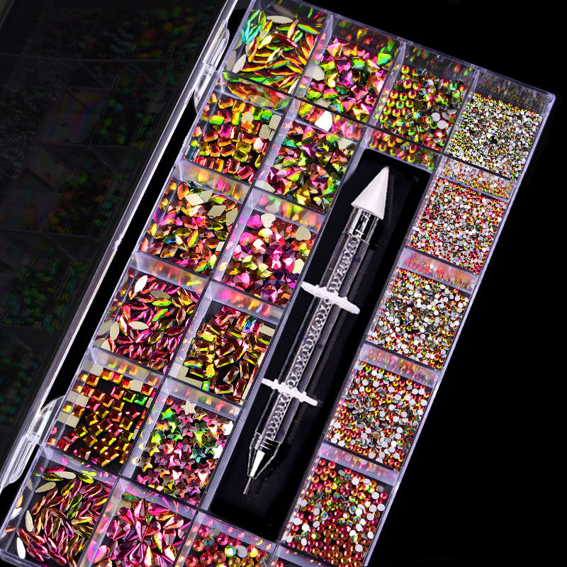 NRB014 Crystal Flame color Nail Art Mix Shape Fancy Shaped In Box Flat Bottom Glass nail rhinestone art decoration white rhinestones