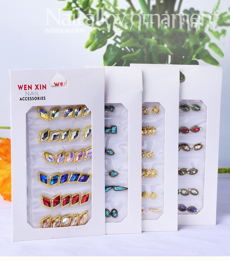 NRS007 ForLife 6 Grid Pack Flatback Nail Art Crystal Rhinestones Zircon Decorations 3d Alloy Retro Nail Accessories DIY tools