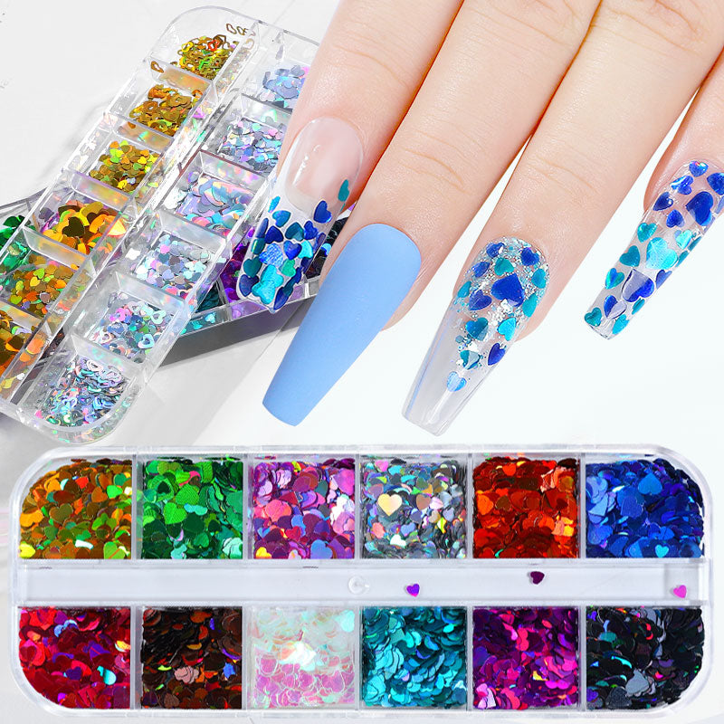 NDE035 ForLife Heart Shape Nail Glitter laser Sequins 3D Nail Art Decorations Flakes Tips 12 Color DIY Manicure sequins