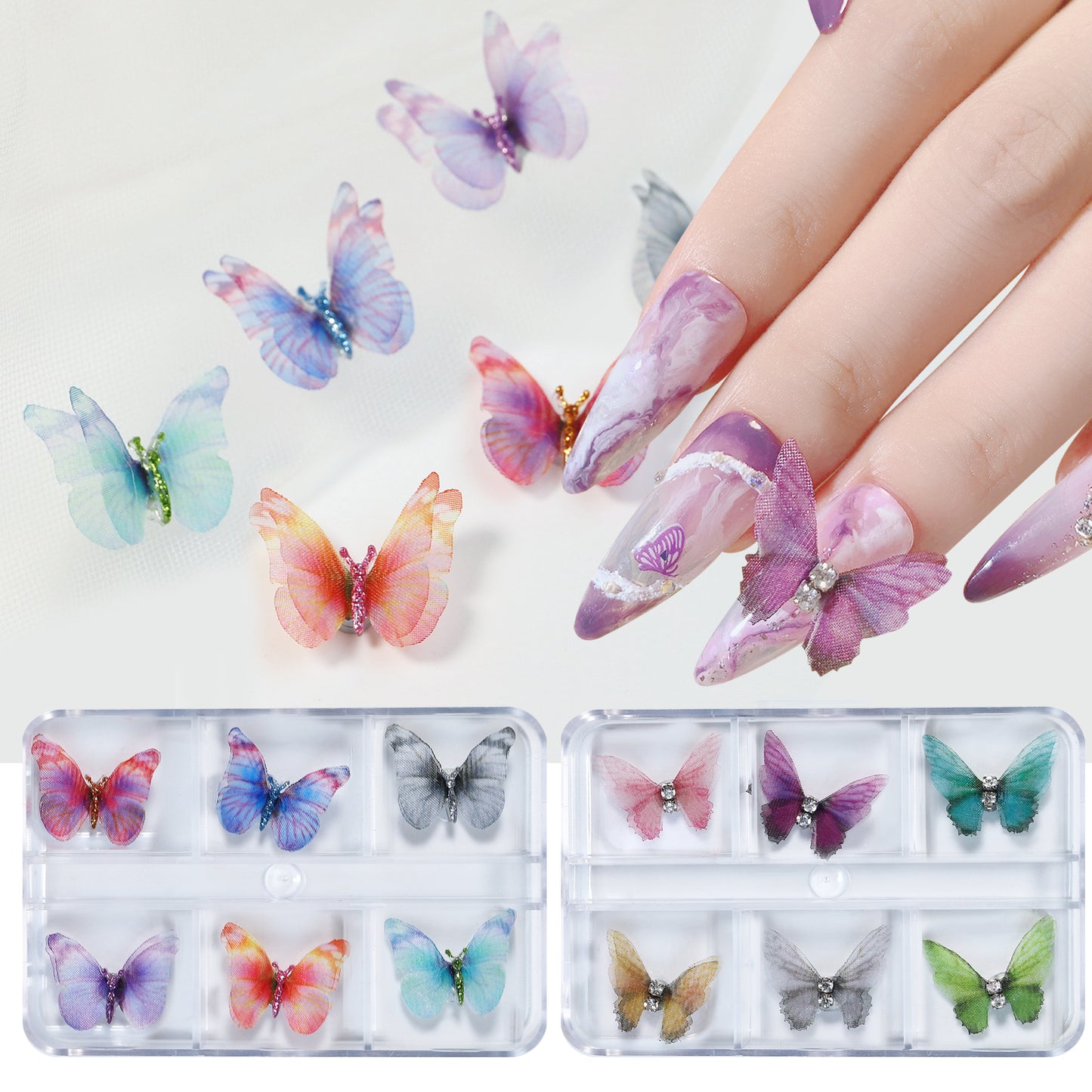 NZJ010 New Magnetic Removable Nail Art Simulation Butterfly Jewelry 6 Grid/Boxed Tulle Butterfly Jewelry