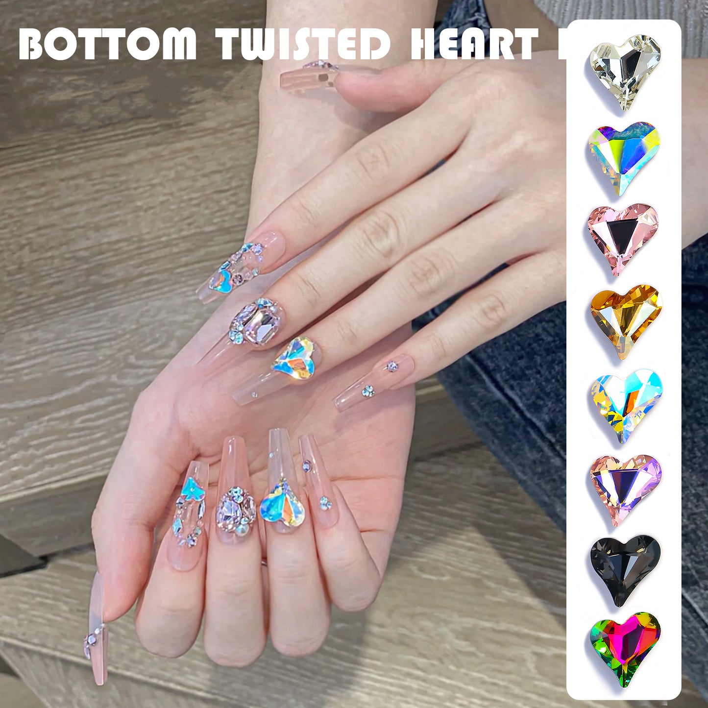 NZJ027 Large Nail Art Rhinestone Pointed Bottom Crooked Heart High Quality Glass Stone Fashion Fingernail DIY Decoration Accessories