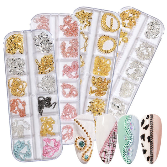 NDE054 ForLife new 12 grid boxed chain DIY nail art decoration metal rhinestone gold and silver chain