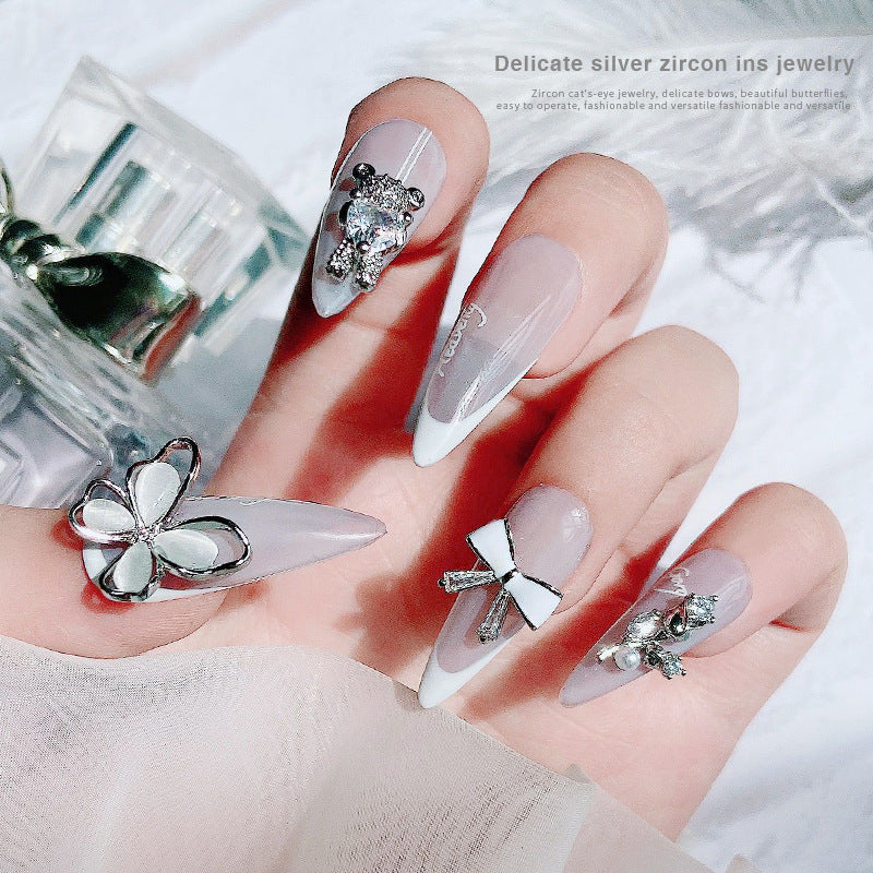 NZJ059 New cat eye butterfly 3D love bear jewelry bow luxury alloy zircon nail decoration