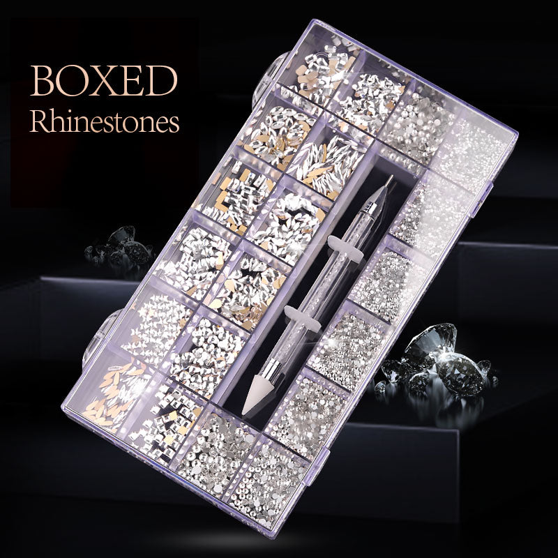 NRB009 Crystal White Nail Art Mix Shape Fancy Shaped In Box Flat Bottom Glass nail rhinestone art decoration white rhinestones