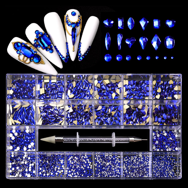 NRB002 Sapphire blue Nail Art Mix Shape Fancy Shaped In Box Flat Bottom Glass nail rhinestone art decoration rhinestones