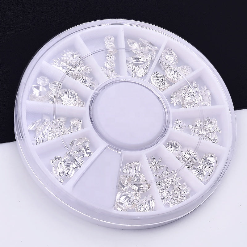 NAW010  Metal Rivet Ocean Series Silver Starfish Shell 3d Metal Hollow Nail Art Stud Decoration Manicure Nail Wheel