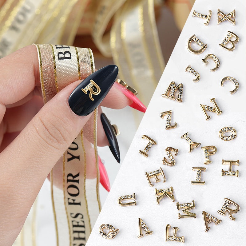 NZJ056 Alloy Crystal Nail Rhinestones 3d Charm 26 letters Decorations Metal Studs Zircon jewelry For DIY Nail Art