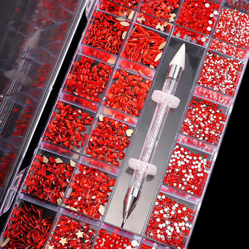 NRB013 Shiny Red Nail Art Shape Fancy Shaped In Box Flat Bottom Glass nail rhinestone art decoration rhinestones