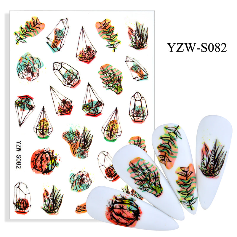 NS5D008   Black Lines Flower Leaves Water Decals Stickers Plant simple line nail stickers