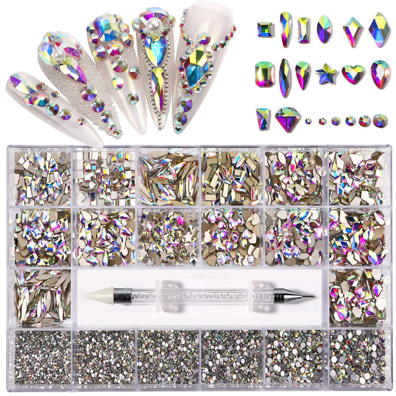 NRB018 21 Grids Mixed Color Micro Diamond Nail Art Flat Glass Round Shaped Rhinestone Box Nail Art Accessories DIY Set