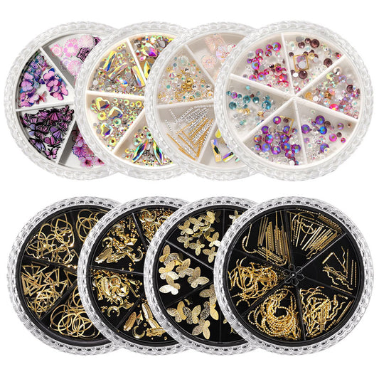 NAW027  Nail Art jewelry AB Rhinestone Rivet Butterfly 6 Grid Mixed wheal Jewelry Sequin Nail Decoration wheal pack