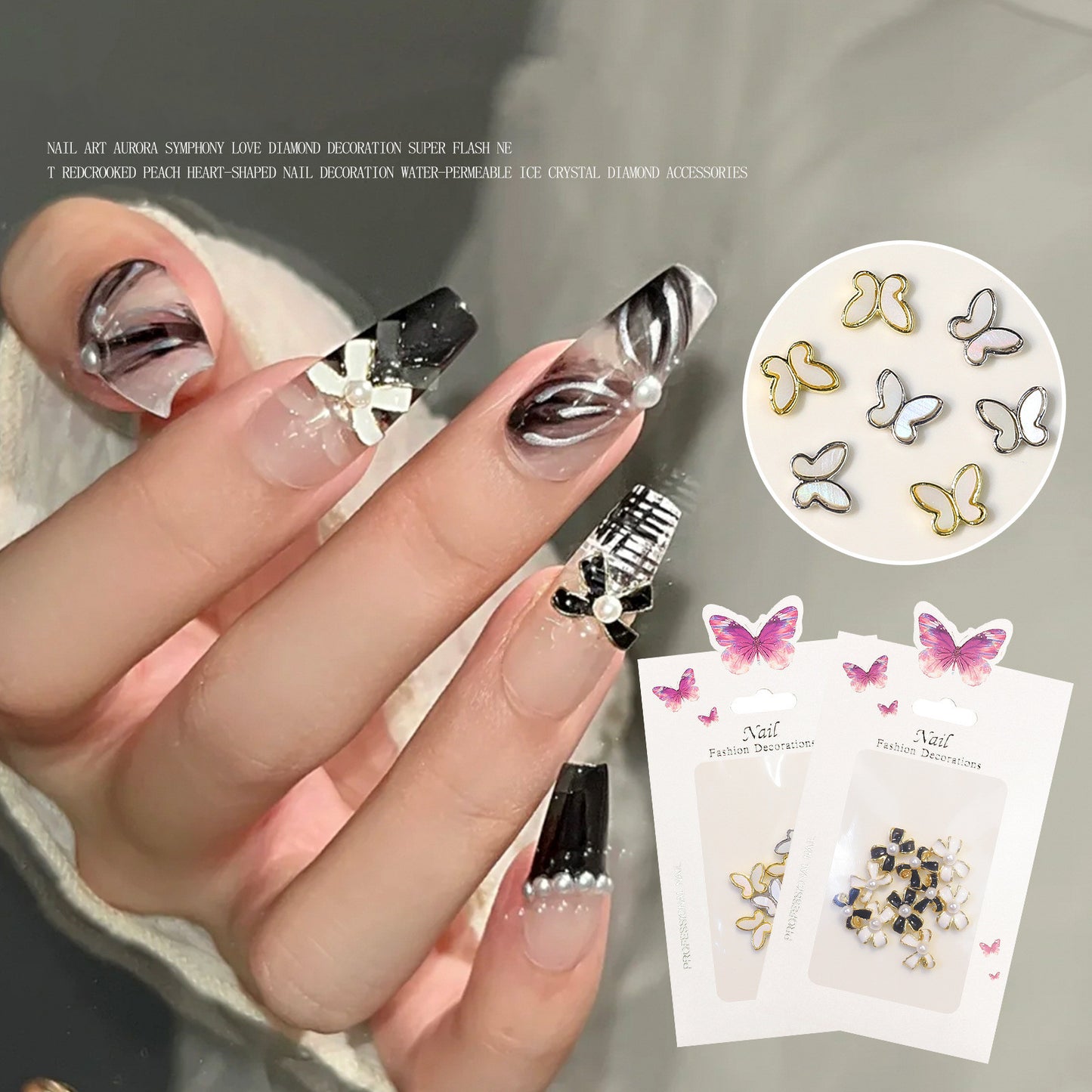 NZJ037 Black bow Little Magic Box Set Nail Art Decoration Camellia Pearl Bow Knot Mixed 3D Fingernail DIY Accessories