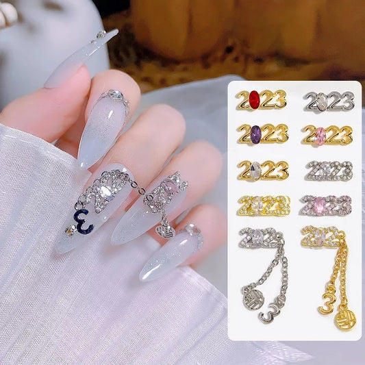 NZJ029  Nails Art Zircon Gold Metal Nails Designers Charms Luxury Flexible Press On Alloy New Year's nail accessories 2023