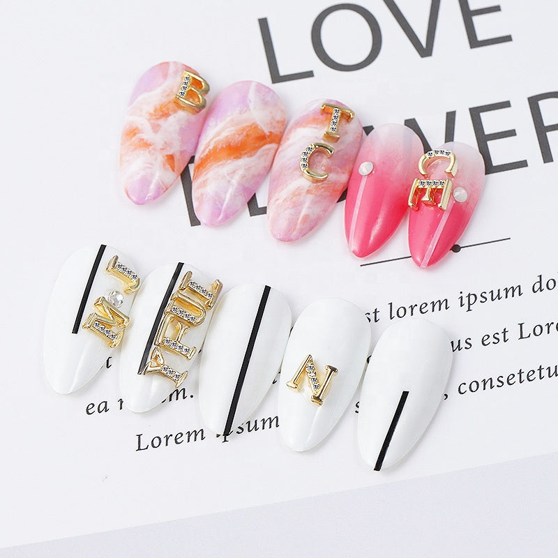 NZJ056 Alloy Crystal Nail Rhinestones 3d Charm 26 letters Decorations Metal Studs Zircon jewelry For DIY Nail Art