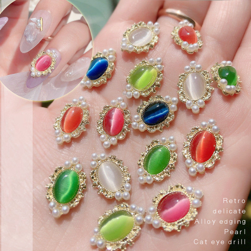 NZJ046 1pcs Cat Eyes Retro Alloy Nail Art Jewelry with Pearls 3D Opal Cat Eye Nail Stones Holographic DIY UV Gel Manicure Decorations