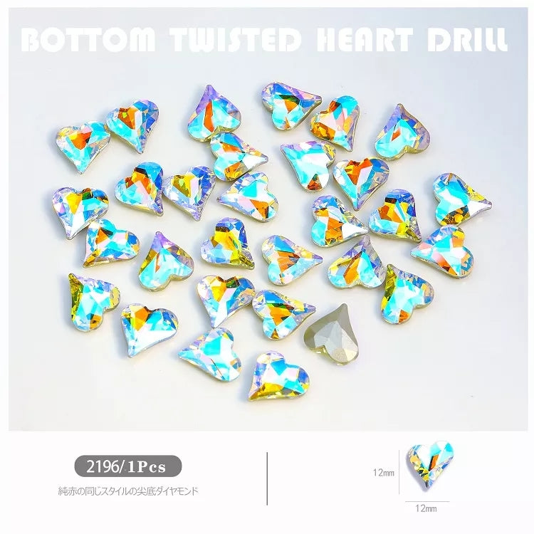 NZJ027 Large Nail Art Rhinestone Pointed Bottom Crooked Heart High Quality Glass Stone Fashion Fingernail DIY Decoration Accessories