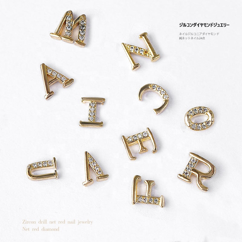 NZJ056 Alloy Crystal Nail Rhinestones 3d Charm 26 letters Decorations Metal Studs Zircon jewelry For DIY Nail Art