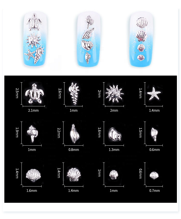 NAW010 Metal Rivet Ocean Series Silver Starfish Shell 3d Metal Hollow Nail Art Stud Decoration Manicure Nail Wheel