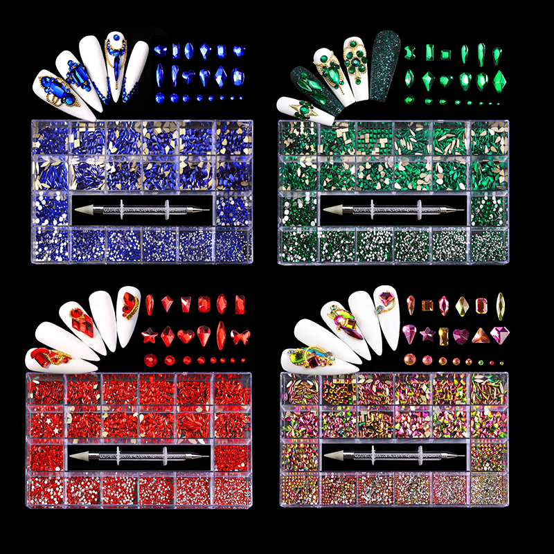 NRB017 Shiny Crystal AB White Rainbow Nail Art Mix Shape Fancy In Box Flat Bottom Glass nail rhinestone art decoration rhinestones