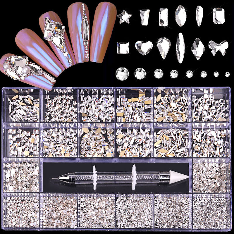 NRB017 Shiny Crystal AB White Rainbow Nail Art Mix Shape Fancy In Box Flat Bottom Glass nail rhinestone art decoration rhinestones