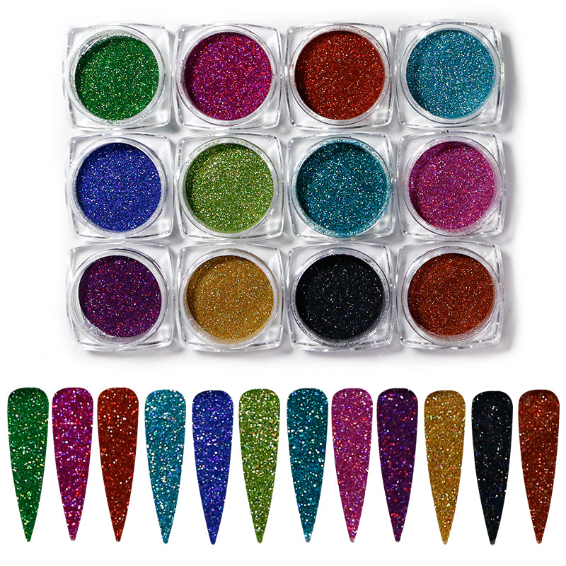 FNP057  12pcs/set Nail Laser Glitter Shimmert Holographic Pigment Magic Acrylic Nail Art Power