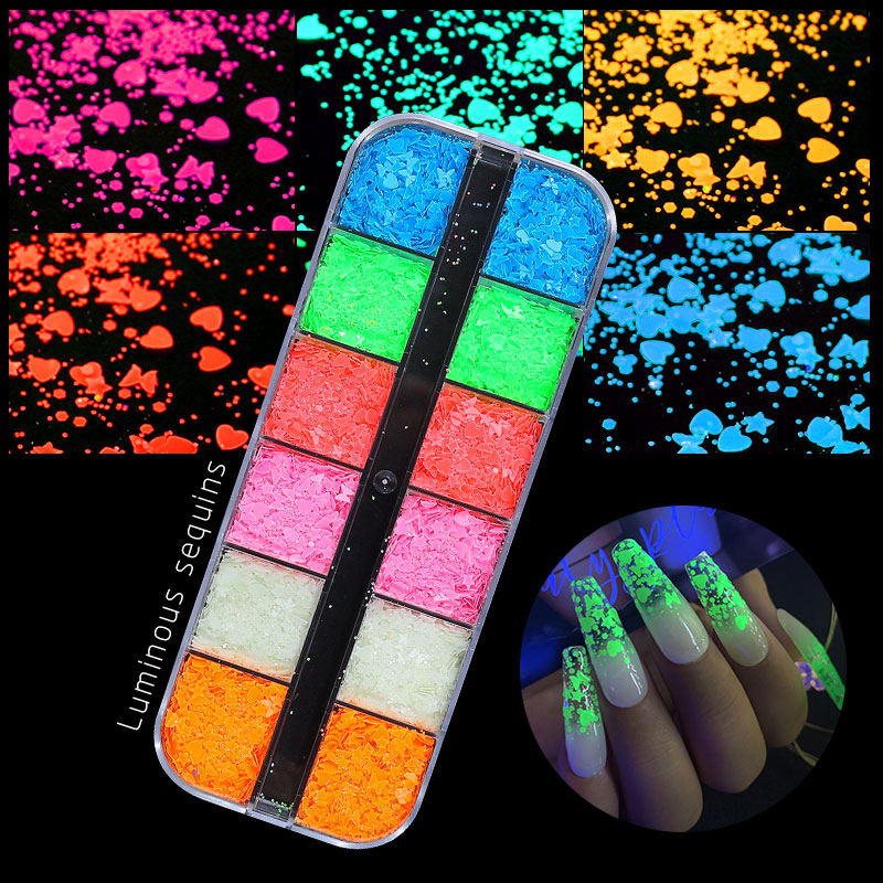 NDE036 ForLife Nail Art 12 grids Luminous Butterfly Sequins Glow in Dark ultra-thin nail sequins DIY manicure decorations