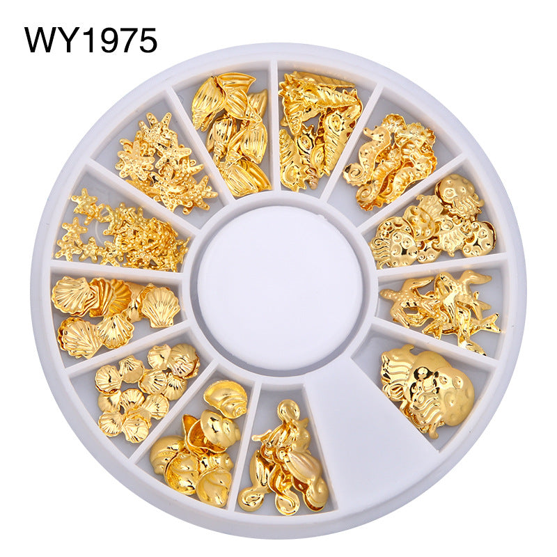 NAW008 1 Wheel Hollow Gold Metal 3d Nail Art Decorations Wheel Star Heart ocean Design DIY Sharp Tips Nail Decoration