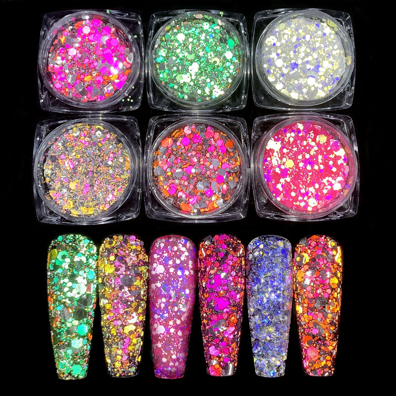 FNP004 Cross-border Hot Sale 6color/bag Super Flash High Gloss Nail Enhancement Jewelry Reflective Color Diamond Powder