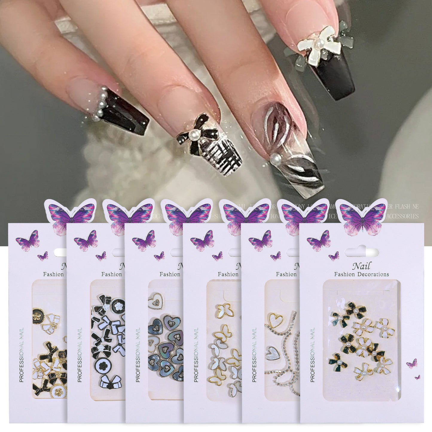 NZJ037 Black bow Little Magic Box Set Nail Art Decoration Camellia Pearl Bow Knot Mixed 3D Fingernail DIY Accessories