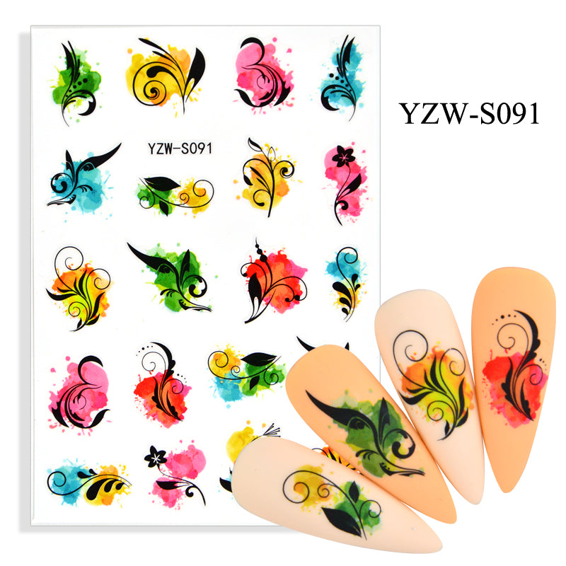 NS5D008   Black Lines Flower Leaves Water Decals Stickers Plant simple line nail stickers