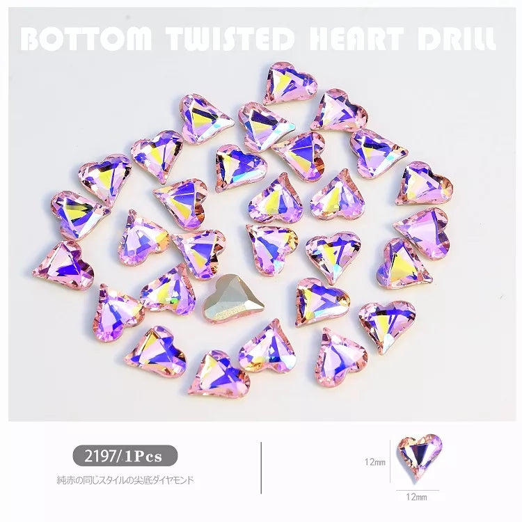 NZJ027 Large Nail Art Rhinestone Pointed Bottom Crooked Heart High Quality Glass Stone Fashion Fingernail DIY Decoration Accessories