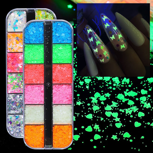 NDE036 ForLife Nail Art 12 grids Luminous Butterfly Sequins Glow in Dark ultra-thin nail sequins DIY manicure decorations