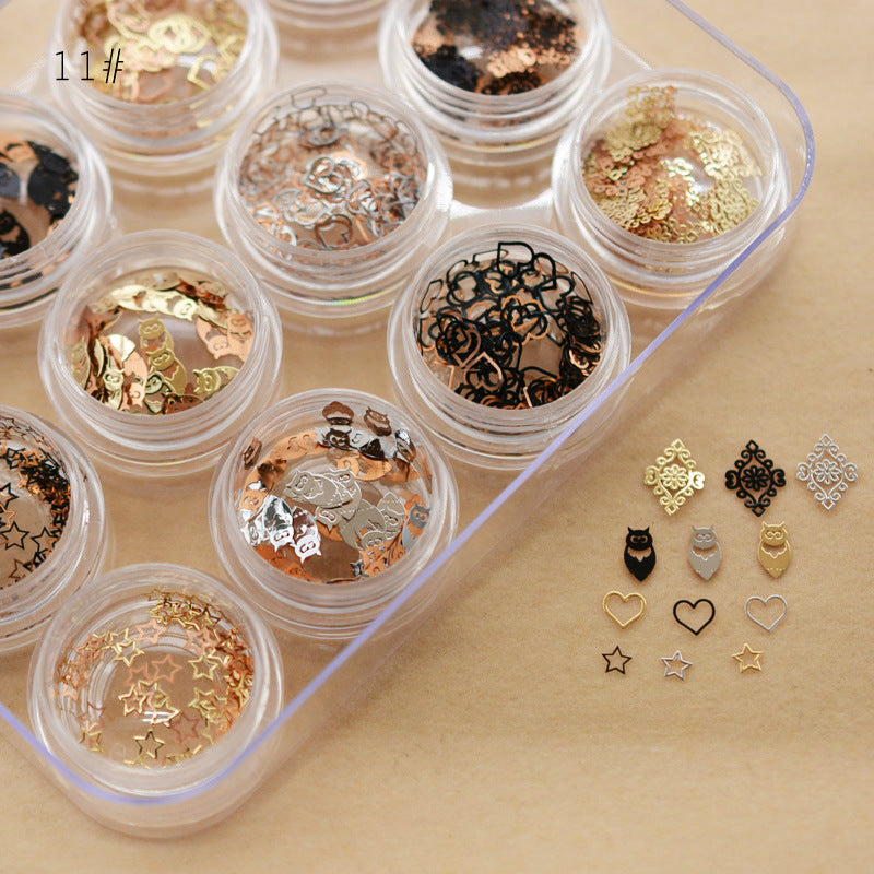 NRD012 1 box Gold Hollow Out Nail Glitter Sequins Mixed Flowers Star Designs Metal Thin Slice Paillette Polish Nails