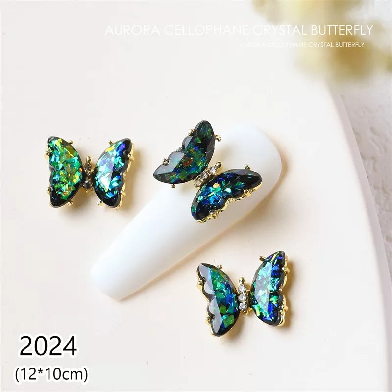 NZJ030 3D Crystal Butterfly Nail Art Charms Aurora Clear Glass Rhinestone AB Color Shiny Alloy