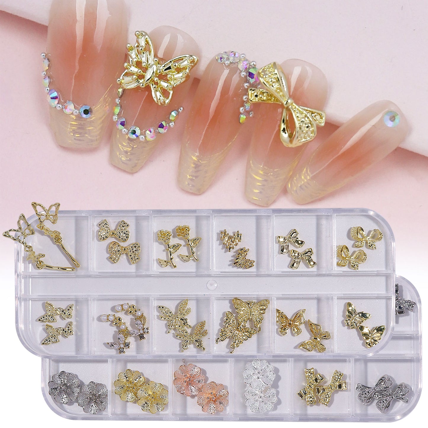 NZJ051 Factory wholesale new alloy pearl rhinestone crystal butterfly box nail jewelry