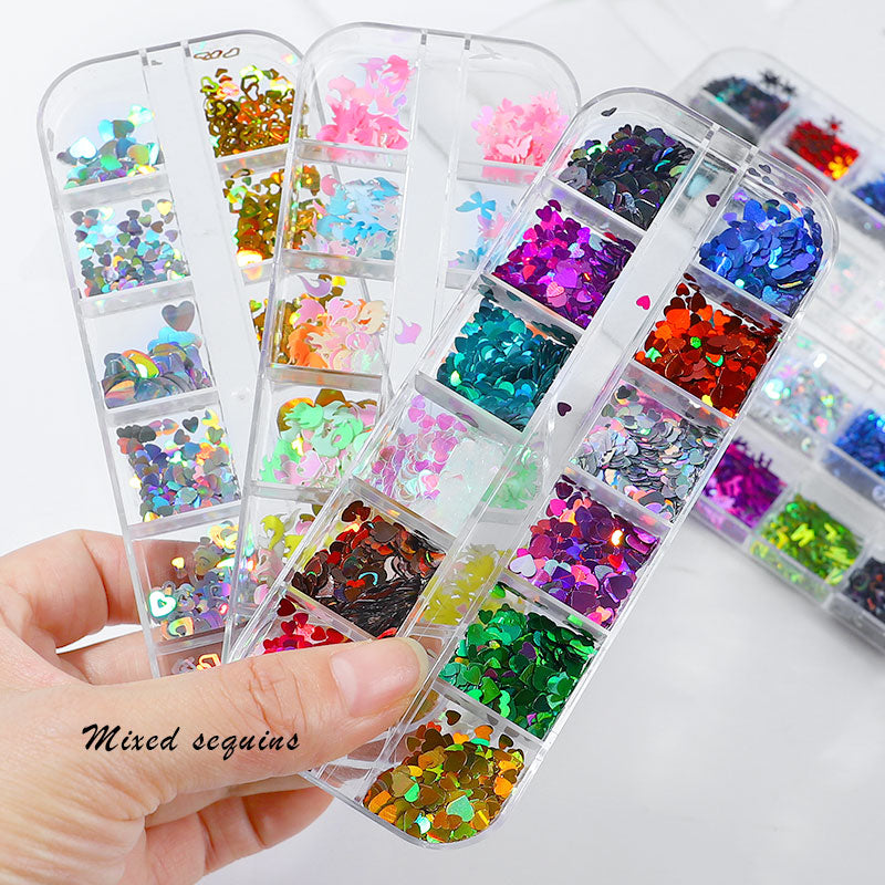NDE035 ForLife Heart Shape Nail Glitter laser Sequins 3D Nail Art Decorations Flakes Tips 12 Color DIY Manicure sequins