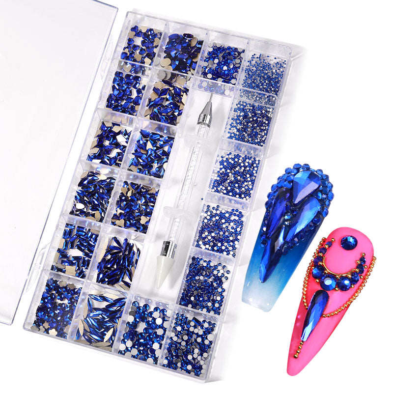 NRB002 Sapphire blue Nail Art Mix Shape Fancy Shaped In Box Flat Bottom Glass nail rhinestone art decoration rhinestones